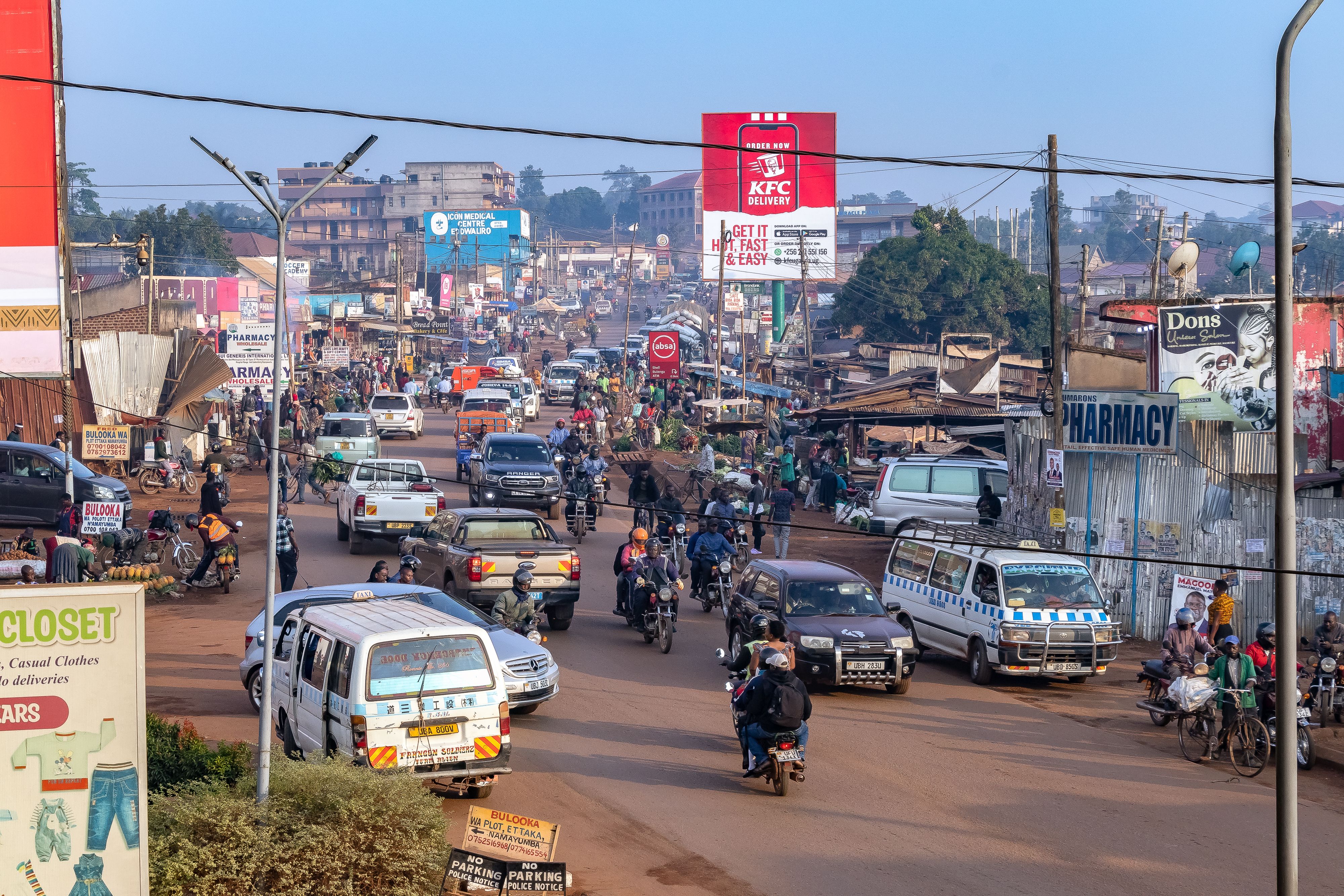 A bustling street scene in Kampala, Uganda